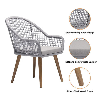 7 Pieces Teak Round Outdoor Concrete Dining Set with Gray Table Woven Armchair 6-Person - 