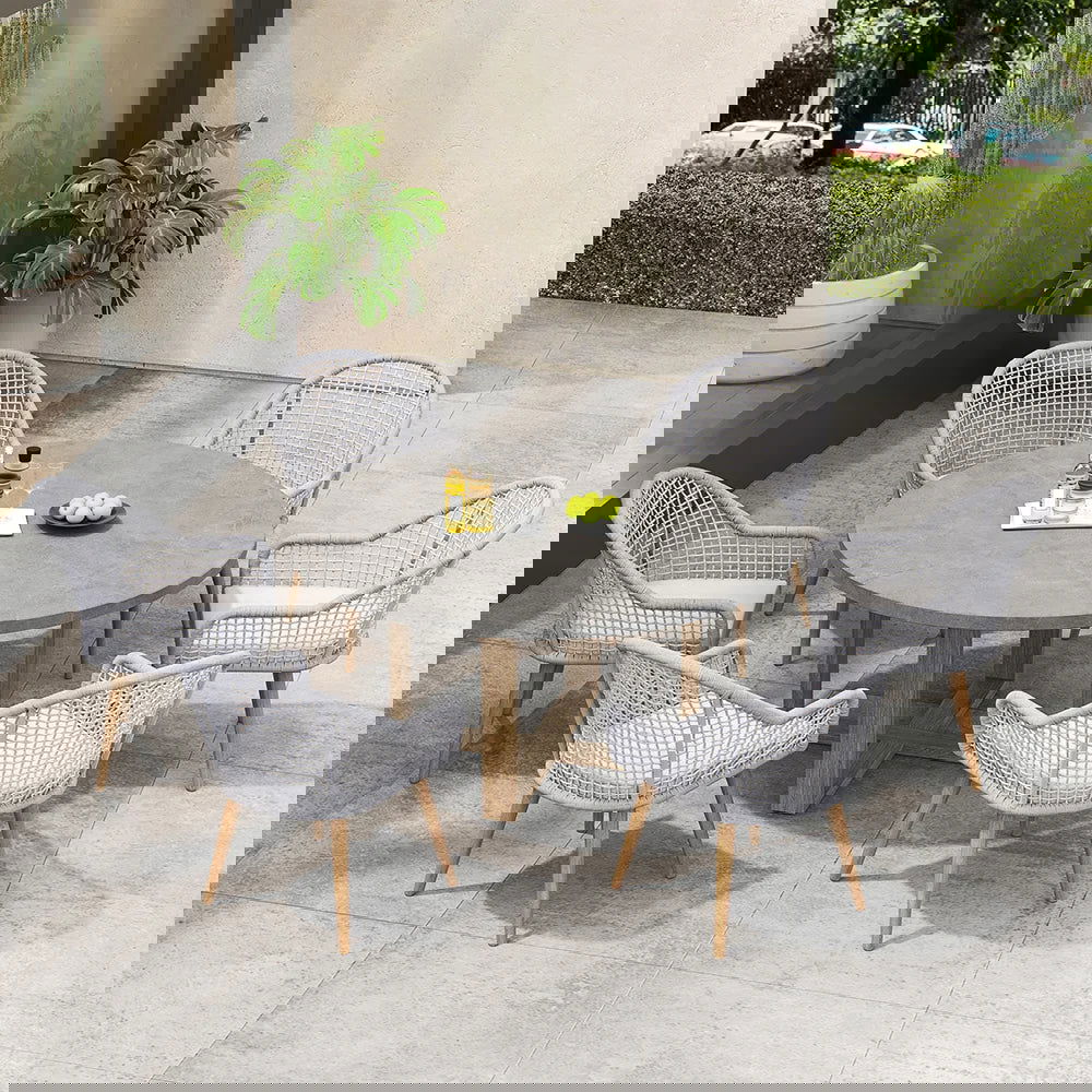 7 Pieces Teak Round Outdoor Concrete Dining Set with Gray Table Woven Armchair 6-Person - 