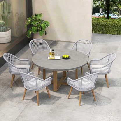 7 Pieces Teak Round Outdoor Concrete Dining Set with Gray Table Woven Armchair 6-Person - 