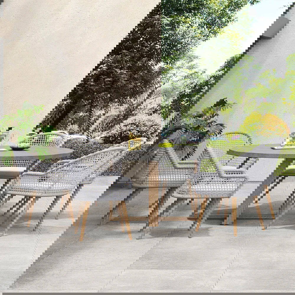 7 Pieces Teak Round Outdoor Concrete Dining Set with Gray Table Woven Armchair 6-Person - 