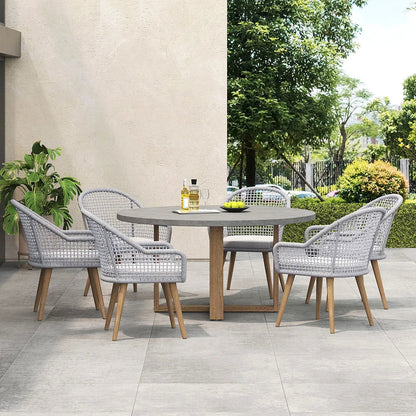 7 Pieces Teak Round Outdoor Concrete Dining Set with Gray Table Woven Armchair 6-Person - 