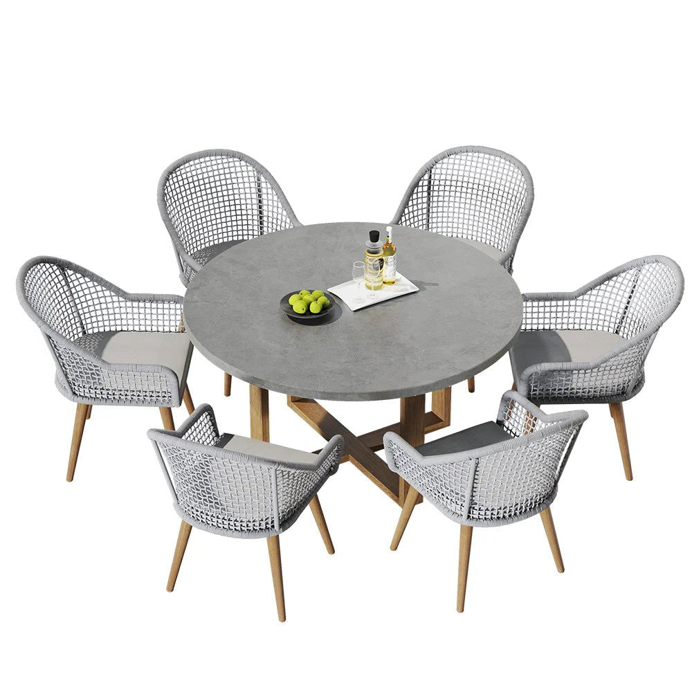 7 Pieces Teak Round Outdoor Concrete Dining Set with Gray Table Woven Armchair 6-Person - Homary