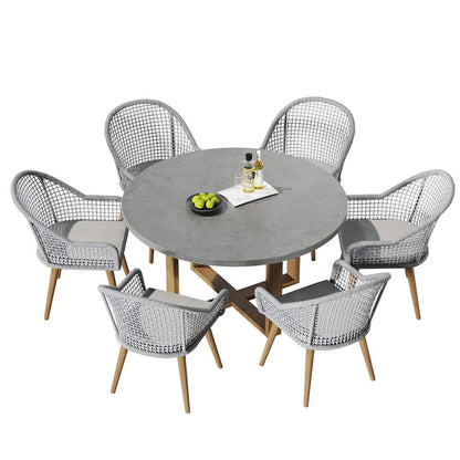 7 Pieces Teak Round Outdoor Concrete Dining Set with Gray Table Woven Armchair 6-Person - Homary