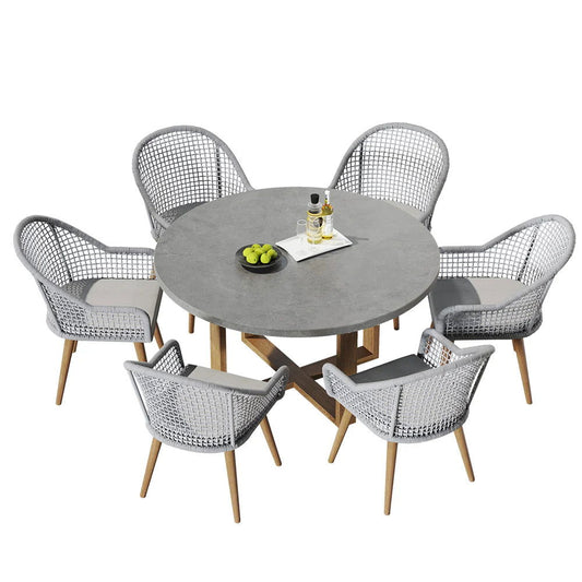 7 Pieces Teak Round Outdoor Concrete Dining Set with Gray Table Woven Armchair 6-Person - Homary