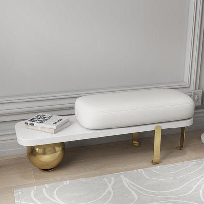 White & Gold Wooden Entryway Bench Boucle Upholstered with Abstract Metal Legs