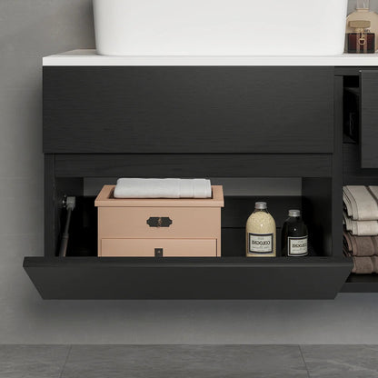 800mm Black & White Floating Bathroom Vanity Faux Marble Top Ceramic Countertop Basin - 