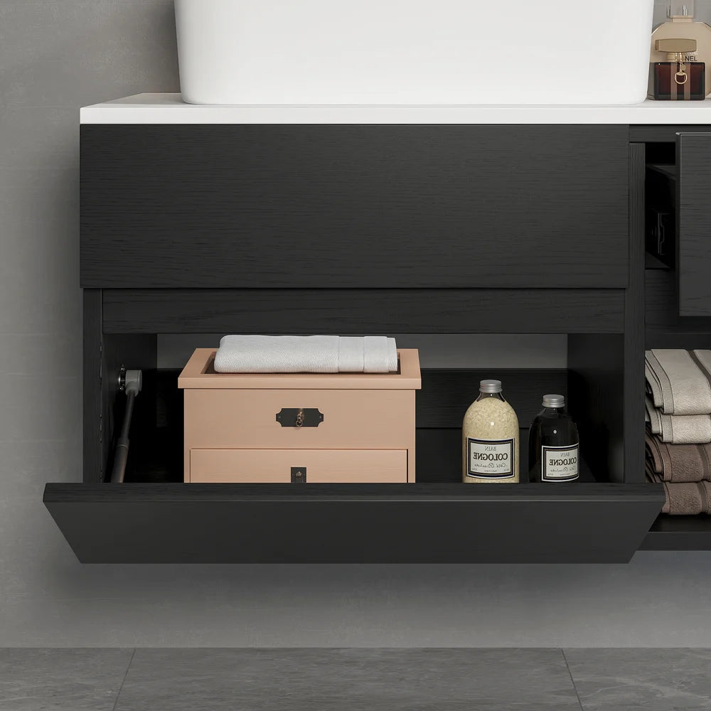 800mm Black & White Floating Bathroom Vanity Faux Marble Top Ceramic Countertop Basin - 