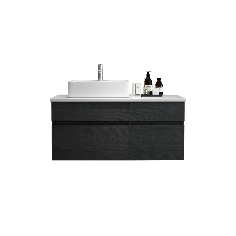 800mm Black & White Floating Bathroom Vanity Faux Marble Top Ceramic Countertop Basin - 