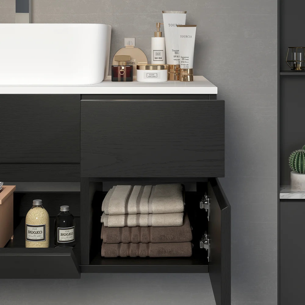 800mm Black & White Floating Bathroom Vanity Faux Marble Top Ceramic Countertop Basin - 