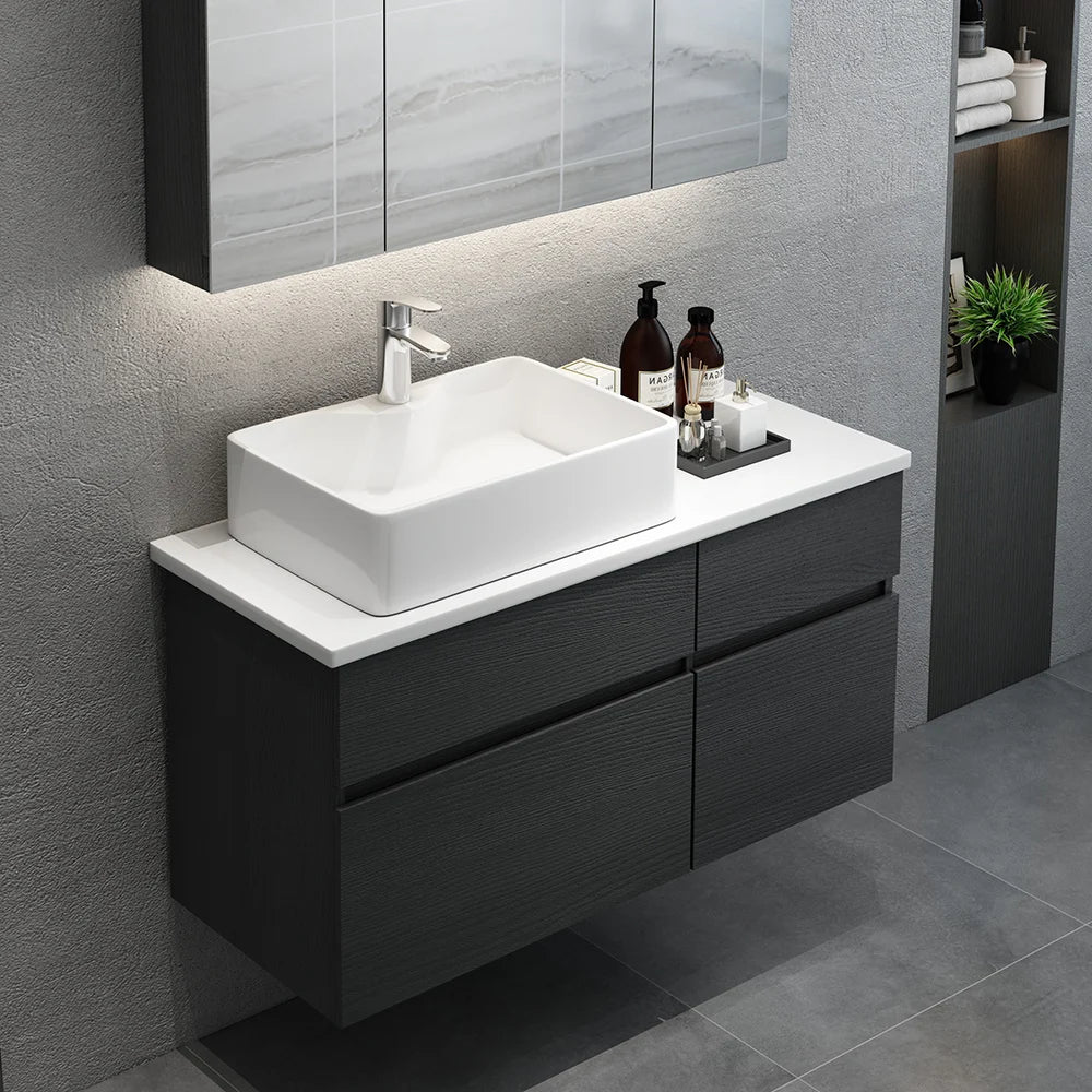 800mm Black & White Floating Bathroom Vanity Faux Marble Top Ceramic Countertop Basin - Homary