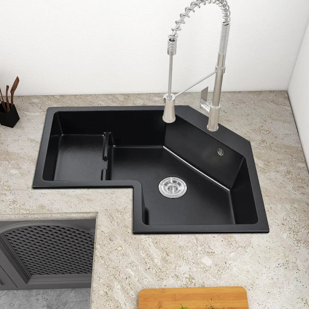 800mm Modern Black Drop In Corner Kitchen Sink Single Bowl Quartz Irregular Left Sink - 