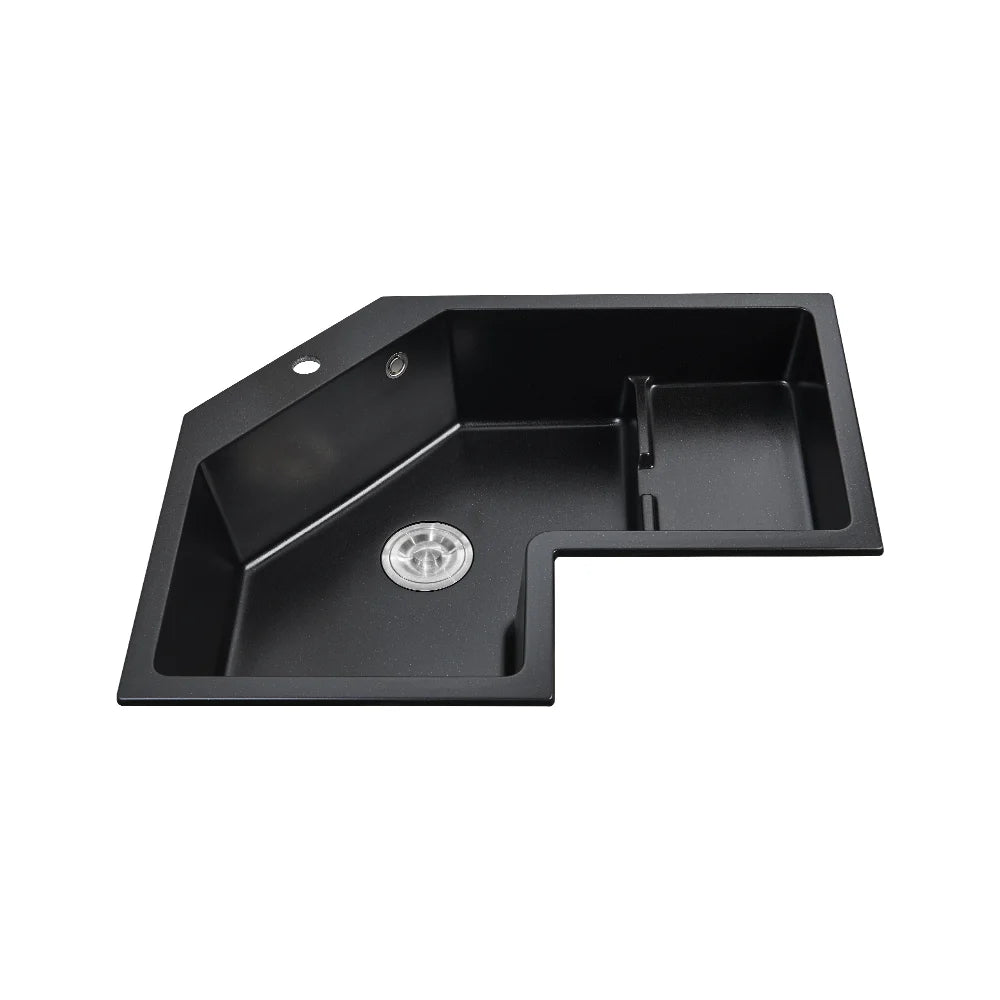 800mm Modern Black Drop In Corner Kitchen Sink Single Bowl Quartz Irregular Left Sink - 