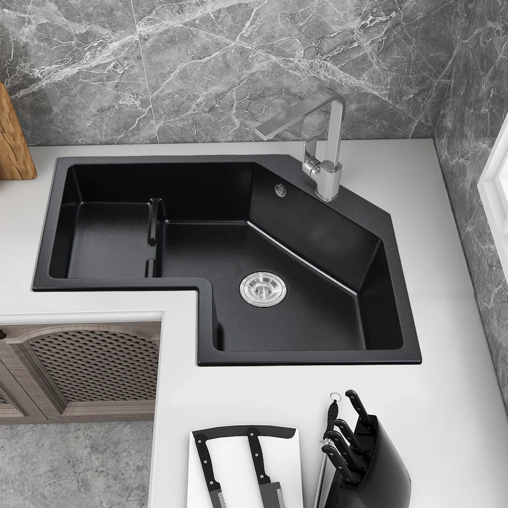 800mm Modern Black Drop In Corner Kitchen Sink Single Bowl Quartz Irregular Left Sink - 