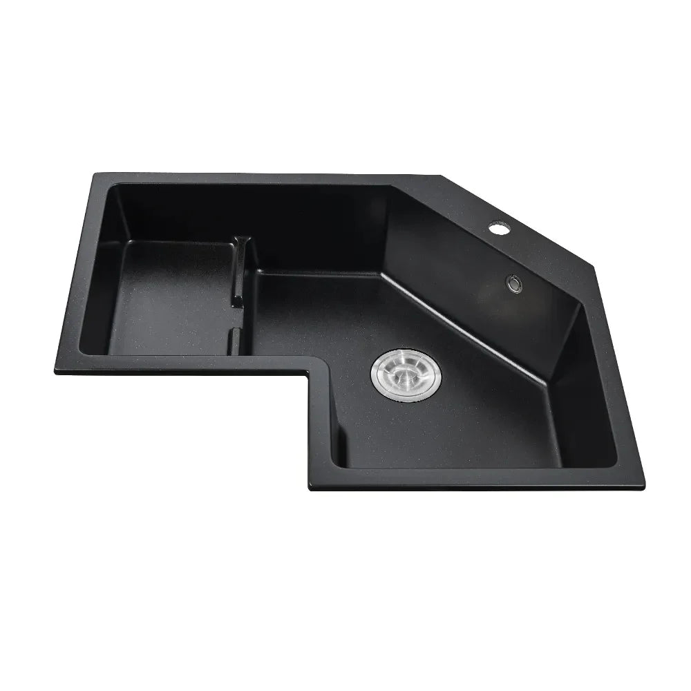 800mm Modern Black Drop In Corner Kitchen Sink Single Bowl Quartz Irregular Left Sink - 