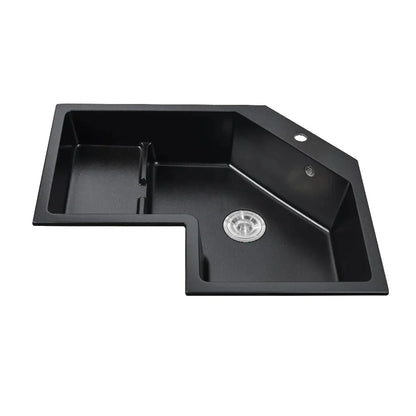 800mm Modern Black Drop In Corner Kitchen Sink Single Bowl Quartz Irregular Left Sink - 