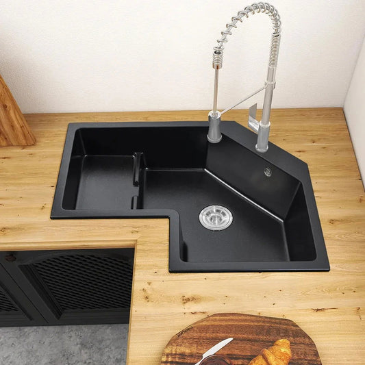 800mm Modern Black Drop In Corner Kitchen Sink Single Bowl Quartz Irregular Left Sink - Homary
