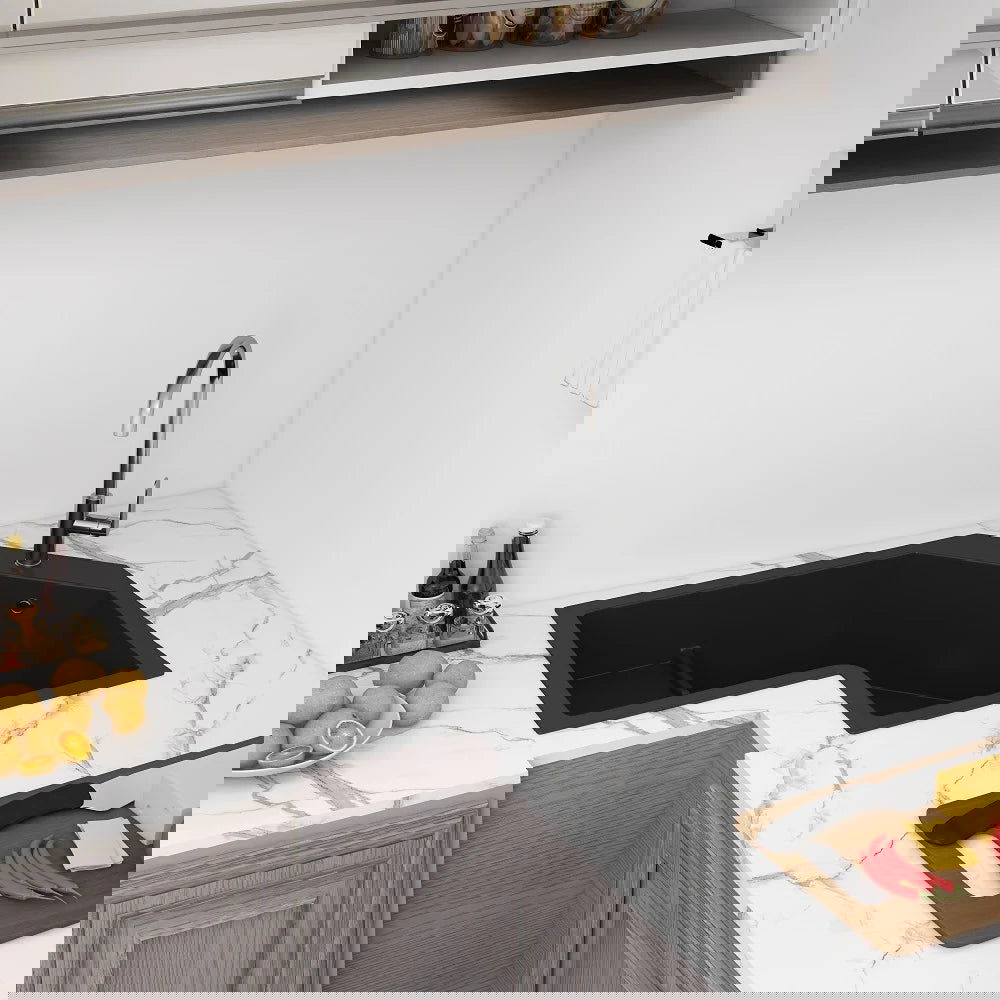 800mm Modern Black Drop In Corner Kitchen Sink Single Bowl Quartz Irregular Right Sink - 