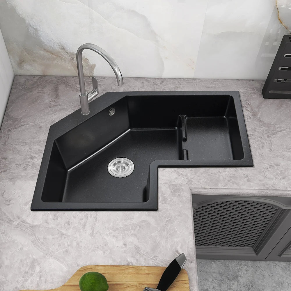 800mm Modern Black Drop In Corner Kitchen Sink Single Bowl Quartz Irregular Right Sink - 