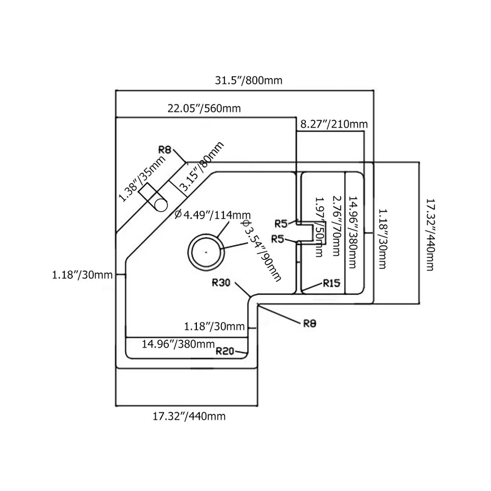 800mm Modern Black Drop In Corner Kitchen Sink Single Bowl Quartz Irregular Right Sink - 
