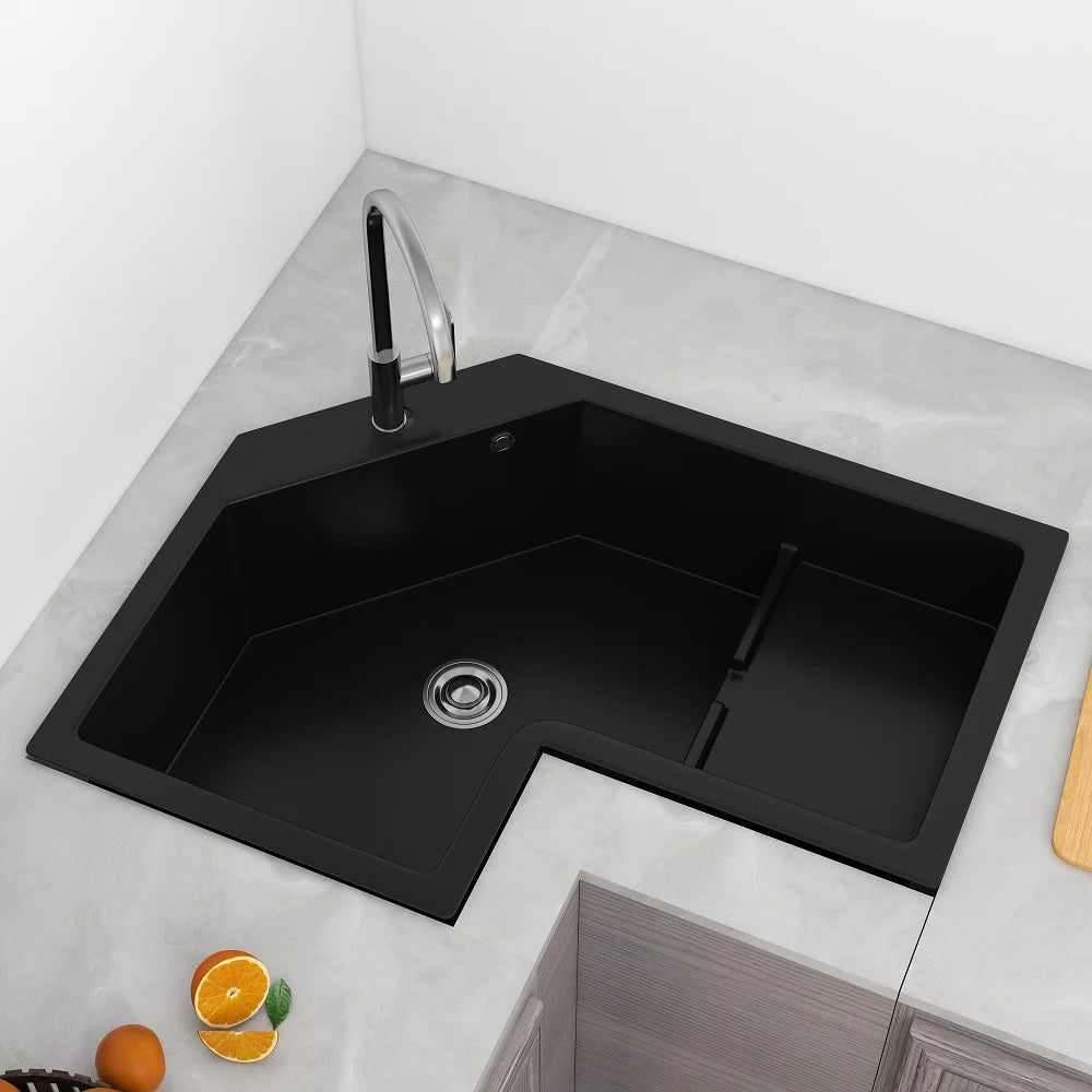 800mm Modern Black Drop In Corner Kitchen Sink Single Bowl Quartz Irregular Right Sink - 