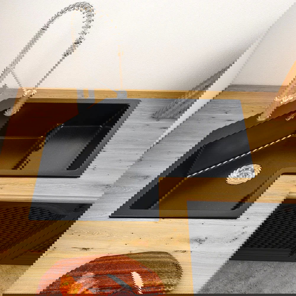 800mm Modern Black Drop In Corner Kitchen Sink Single Bowl Quartz Irregular Right Sink - Homary