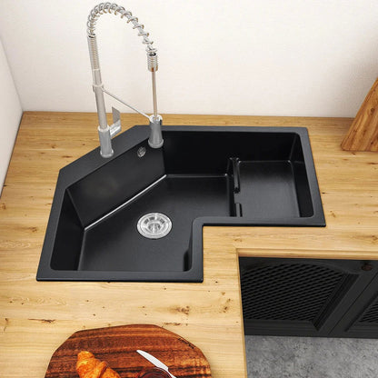 800mm Modern Black Drop In Corner Kitchen Sink Single Bowl Quartz Irregular Right Sink - Homary