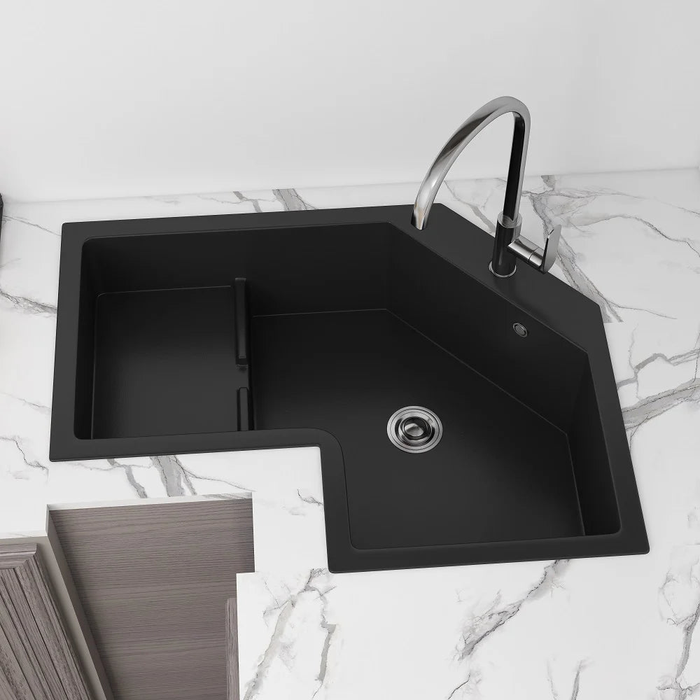 800mm Modern Black Drop In Corner Kitchen Sink Single Bowl Quartz Irregular Right Sink - Homary