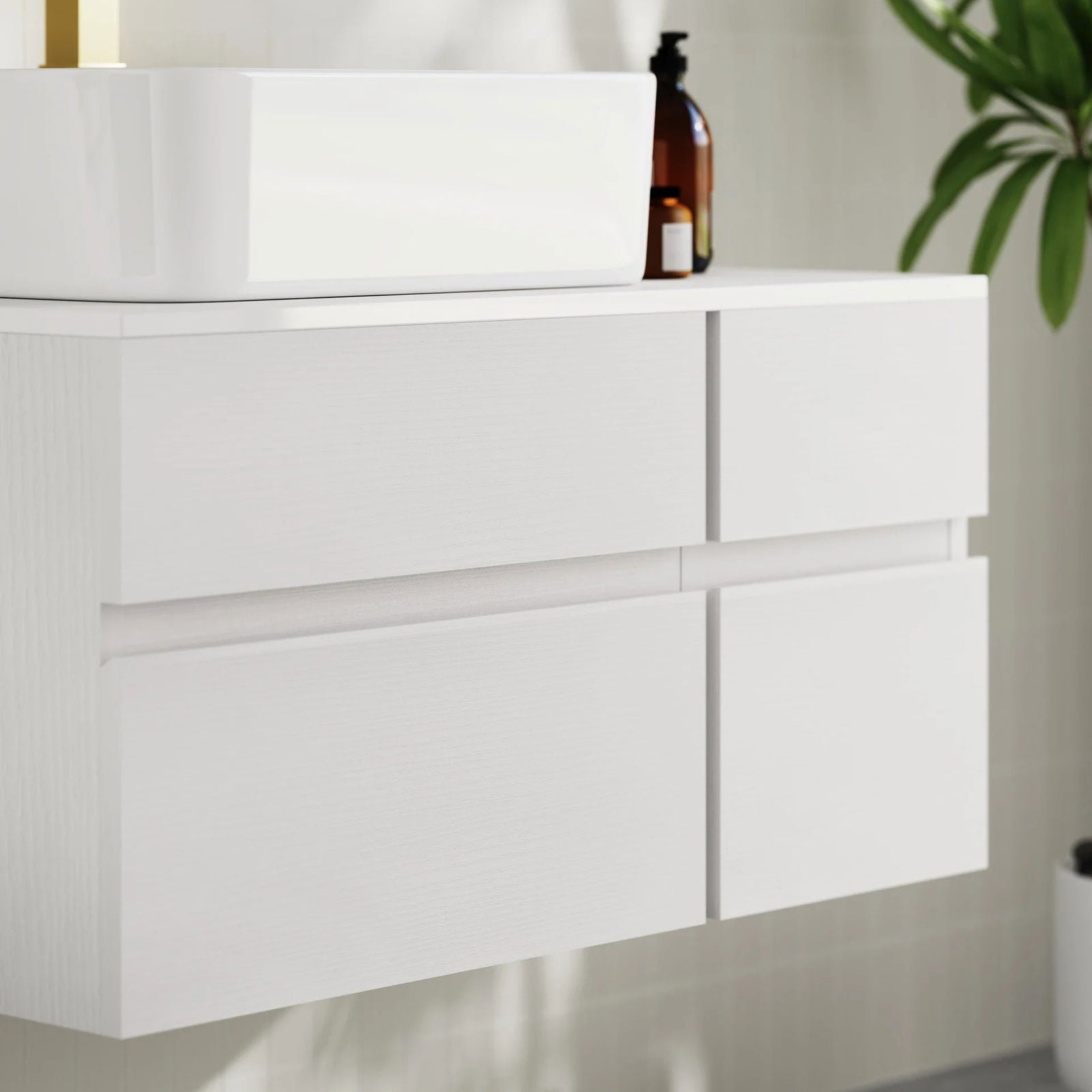 800mm White Wall-mount Floating Bathroom Vanity Faux Marble Top Ceramic Countertop Basin - 