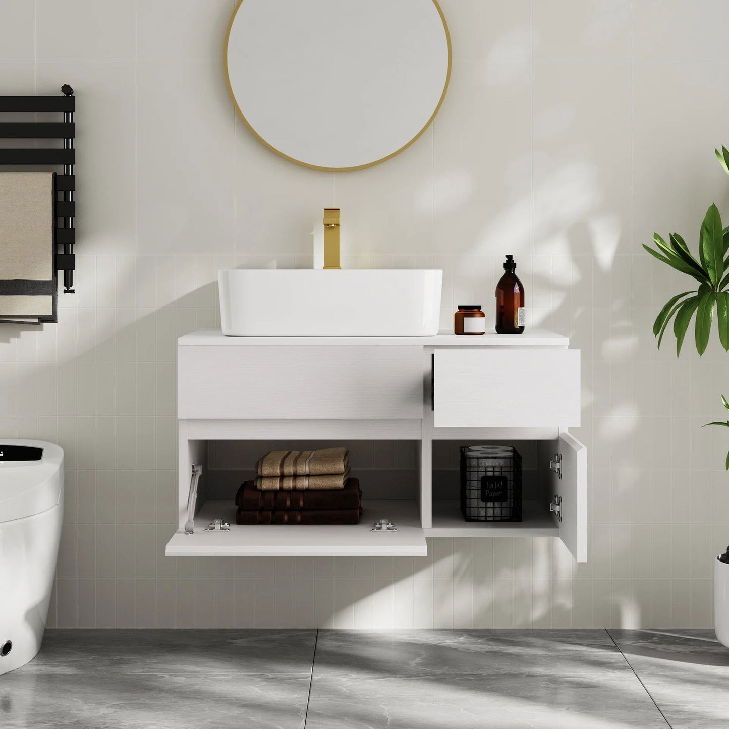 800mm White Wall-mount Floating Bathroom Vanity Faux Marble Top Ceramic Countertop Basin - 