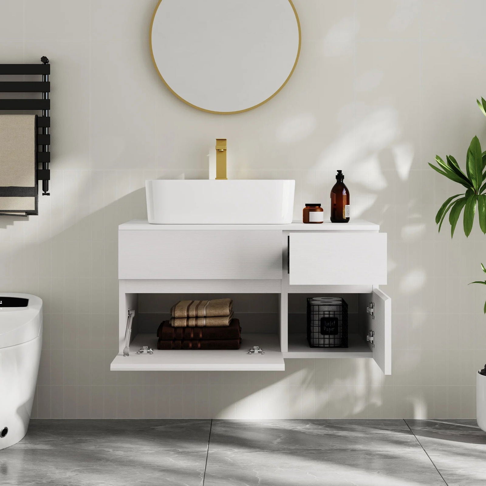 800mm White Wall-mount Floating Bathroom Vanity Faux Marble Top Ceramic Countertop Basin - 