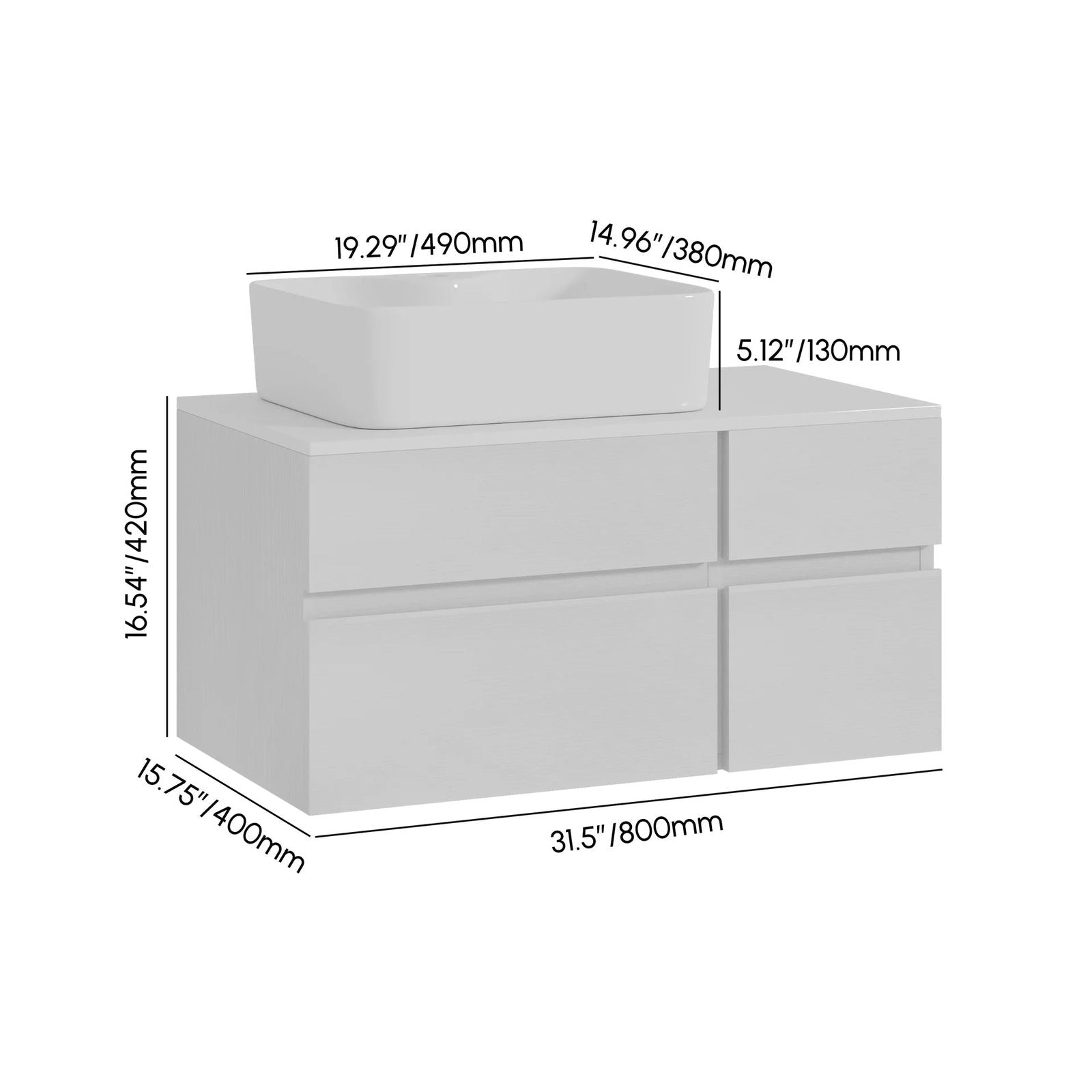 800mm White Wall-mount Floating Bathroom Vanity Faux Marble Top Ceramic Countertop Basin - 