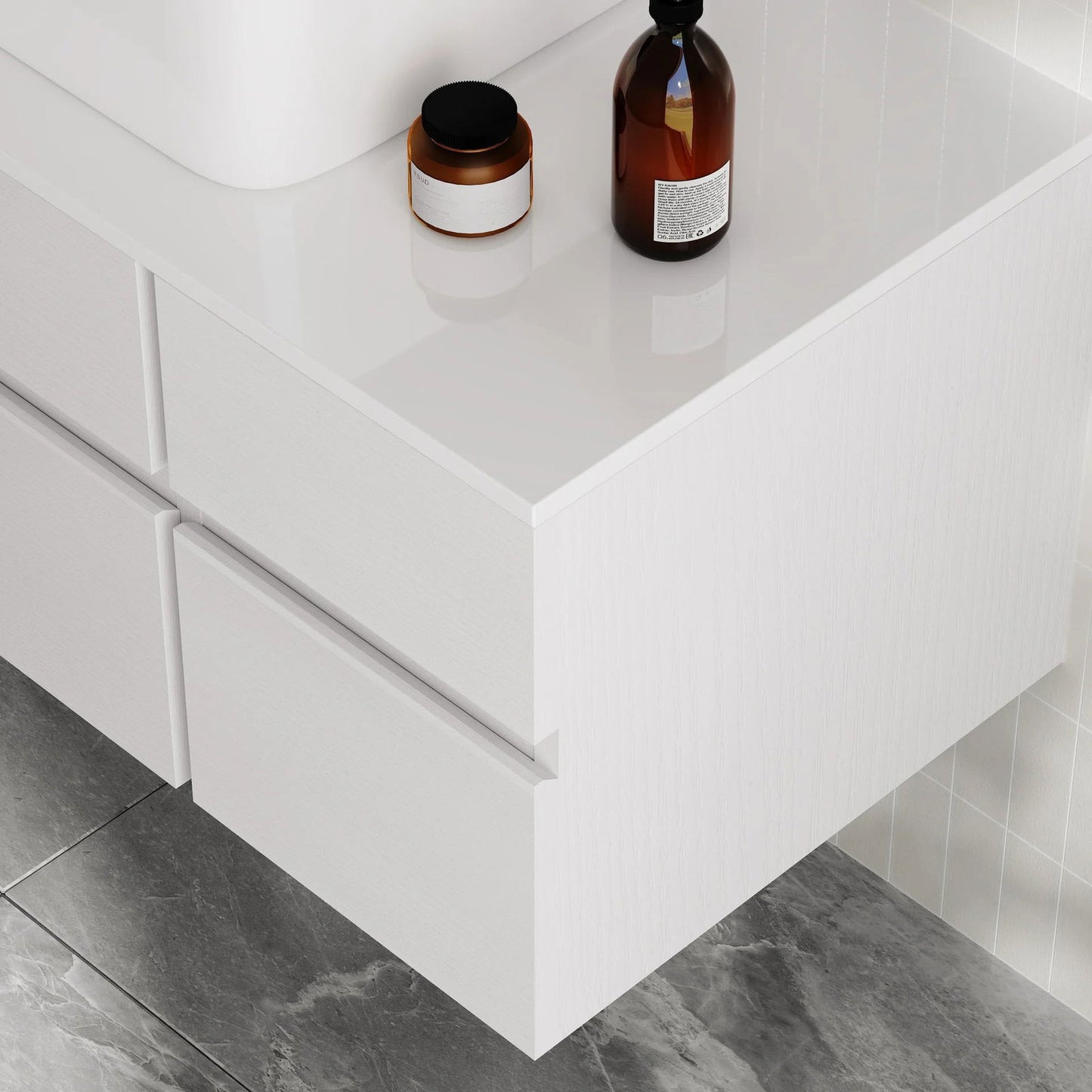 800mm White Wall-mount Floating Bathroom Vanity Faux Marble Top Ceramic Countertop Basin - 
