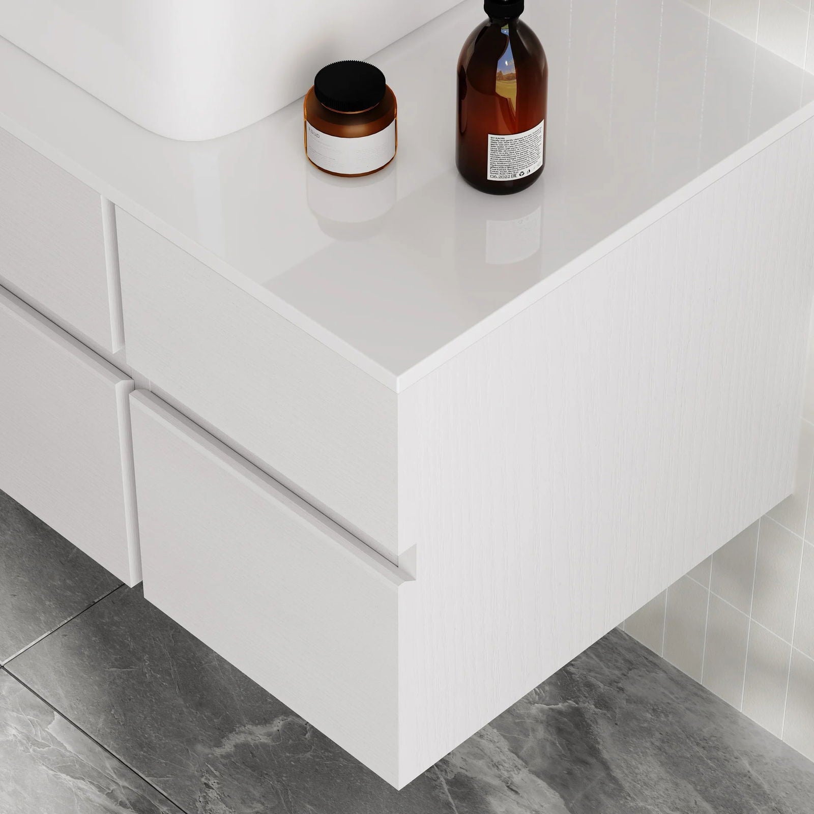 800mm White Wall-mount Floating Bathroom Vanity Faux Marble Top Ceramic Countertop Basin - 