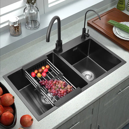 820mm Black Stainless Steel Kitchen Sink Double Bowls Drop-In Sink with Waste - 