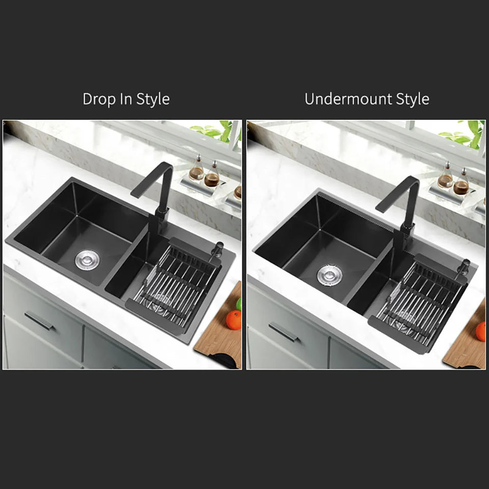 820mm Black Stainless Steel Kitchen Sink Double Bowls Drop-In Sink with Waste - 