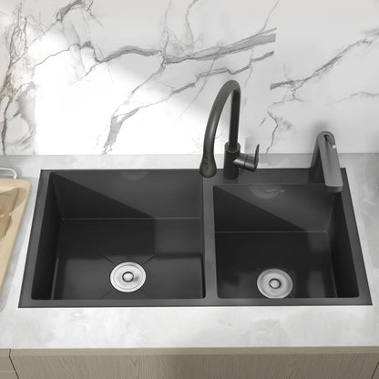 820mm Black Stainless Steel Kitchen Sink Double Bowls Drop-In Sink with Waste - 