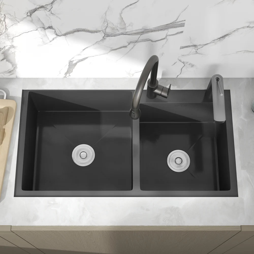 820mm Black Stainless Steel Kitchen Sink Double Bowls Drop-In Sink with Waste - 