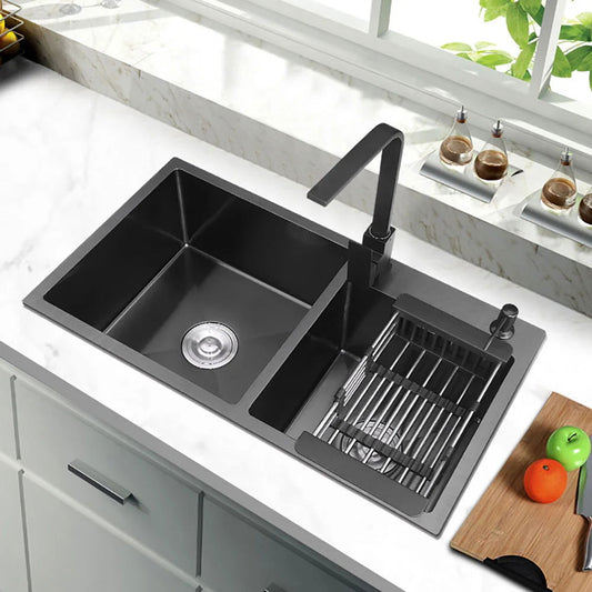 820mm Black Stainless Steel Kitchen Sink Double Bowls Drop-In Sink with Waste - Homary