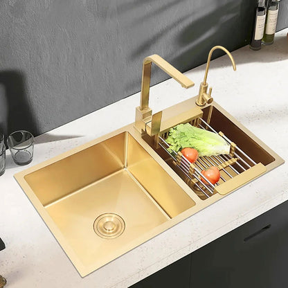 820mm Gold Stainless Steel Kitchen Sink Double Bowls Drop-In Sink with Waste - 