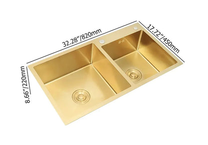 820mm Gold Stainless Steel Kitchen Sink Double Bowls Drop-In Sink with Waste - 