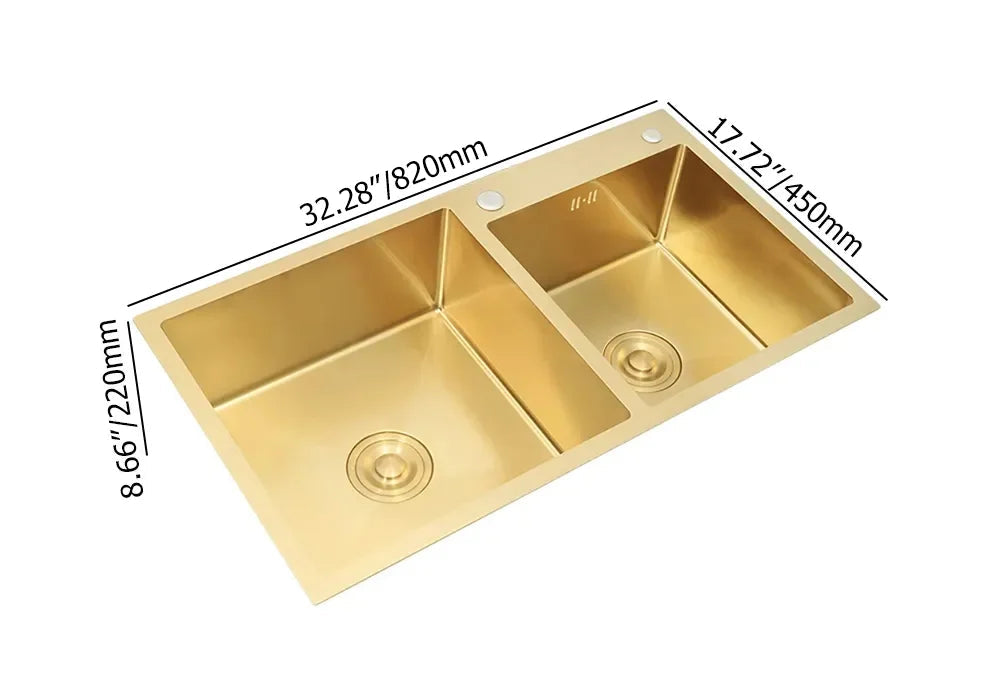 820mm Gold Stainless Steel Kitchen Sink Double Bowls Drop-In Sink with Waste - 