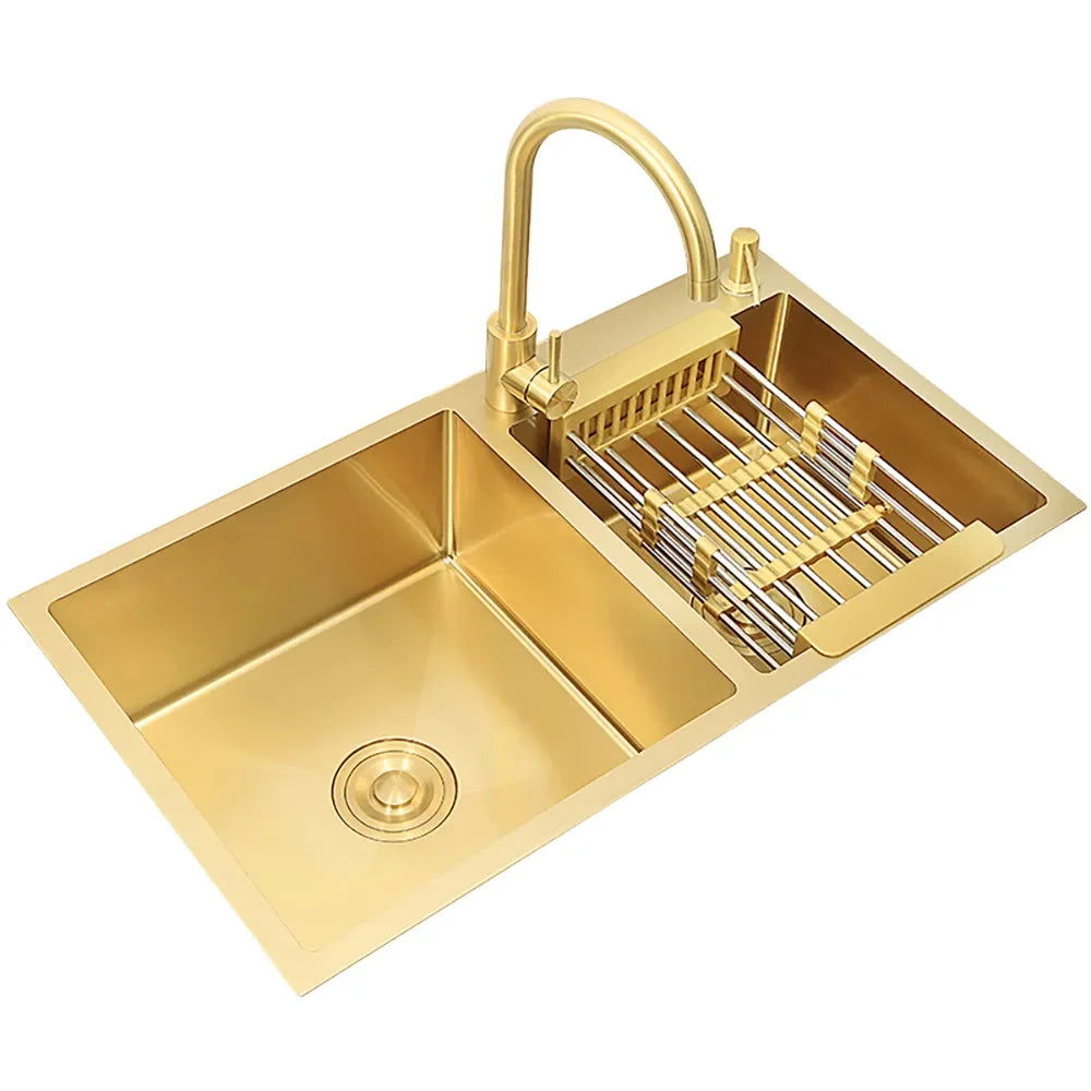 820mm Gold Stainless Steel Kitchen Sink Double Bowls Drop-In Sink with Waste - 
