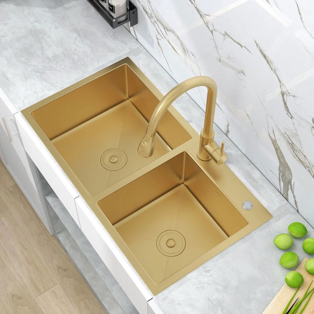 820mm Gold Stainless Steel Kitchen Sink Double Bowls Drop-In Sink with Waste - 