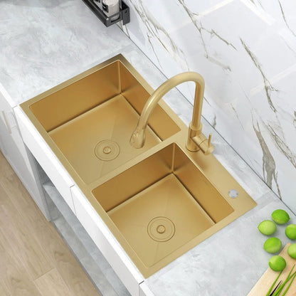 820mm Gold Stainless Steel Kitchen Sink Double Bowls Drop-In Sink with Waste - 