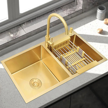 820mm Gold Stainless Steel Kitchen Sink Double Bowls Drop-In Sink with Waste - 