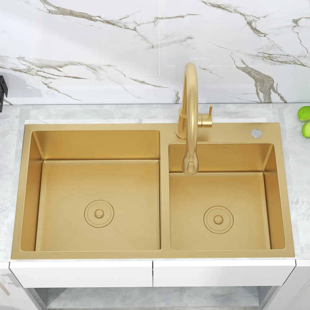 820mm Gold Stainless Steel Kitchen Sink Double Bowls Drop-In Sink with Waste - 