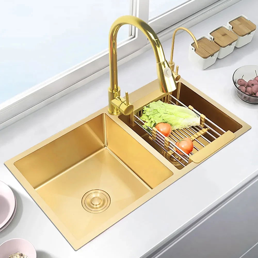 820mm Gold Stainless Steel Kitchen Sink Double Bowls Drop-In Sink with Waste - Homary