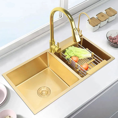 820mm Gold Stainless Steel Kitchen Sink Double Bowls Drop-In Sink with Waste - Homary