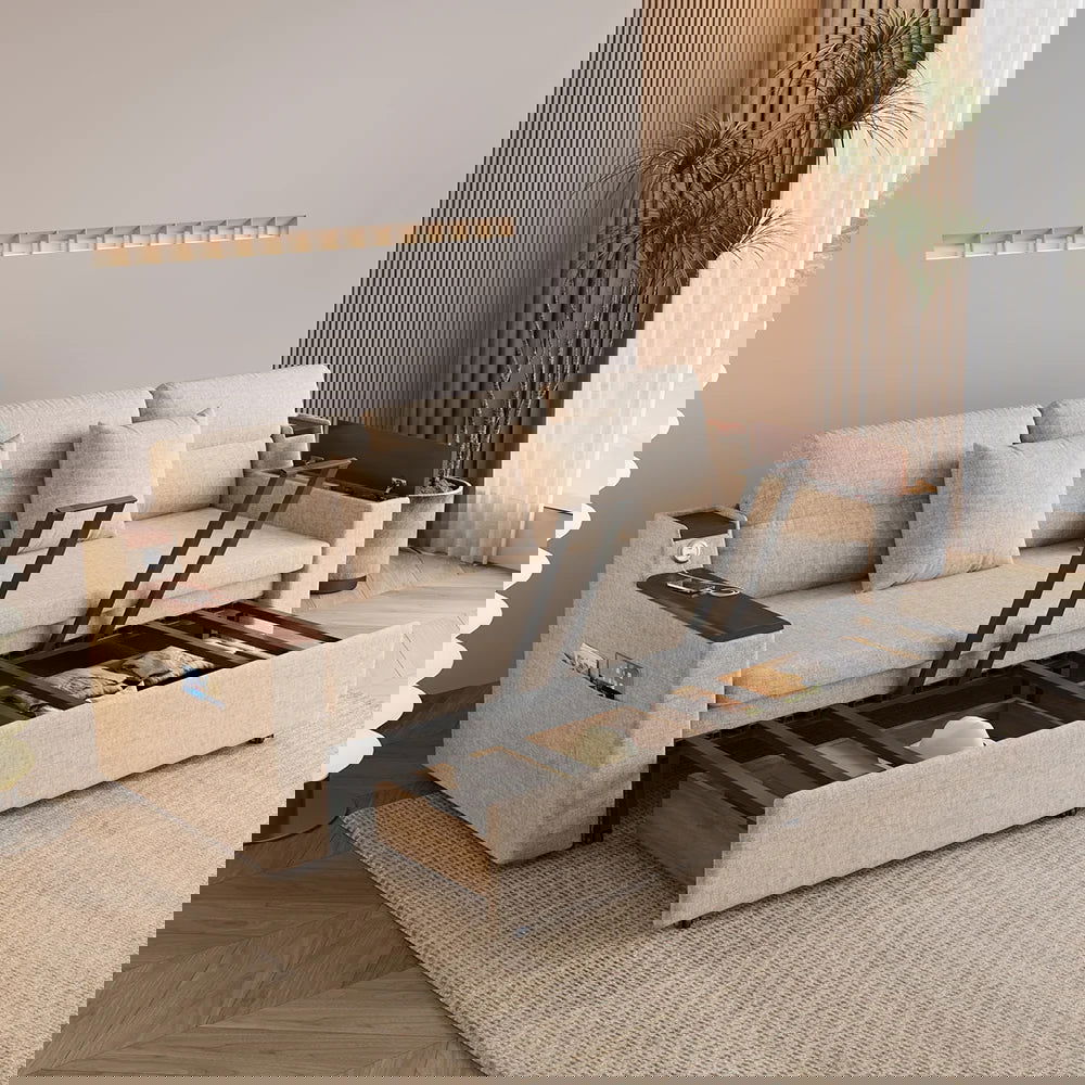 83" Linen Convertible Sofa Bed Beige Full Sleeper Sofa with Storage and Side Pockets - 