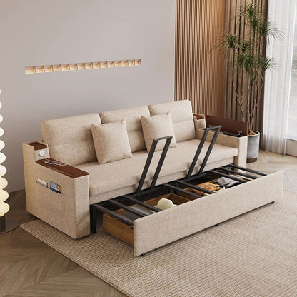 83" Linen Convertible Sofa Bed Beige Full Sleeper Sofa with Storage and Side Pockets - 